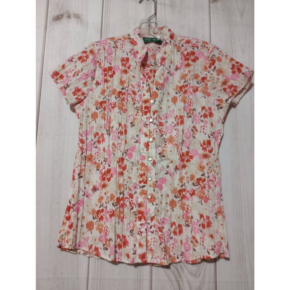 Lemon Grass Shirt Ladies‎ Small Ivory Pink Floral Short Sleeve Whimsical